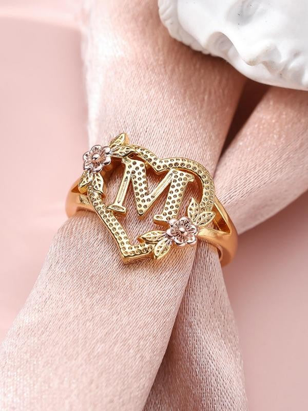 Adjustable Heart Flower Letter Ring