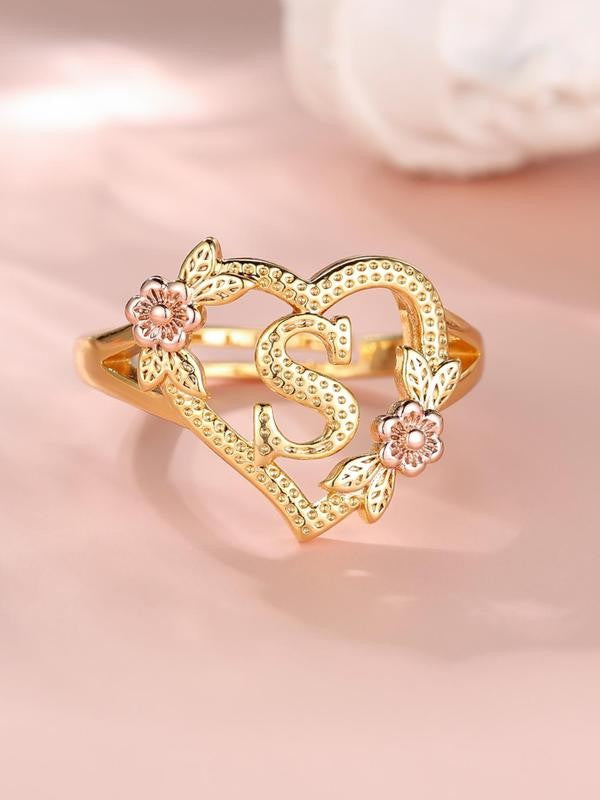 Adjustable Heart Flower Letter Ring