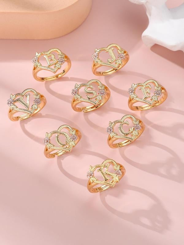 Adjustable Heart Flower Letter Ring