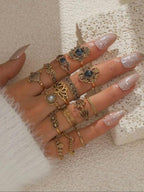 Vintage Carved Flower Stone Ring Set