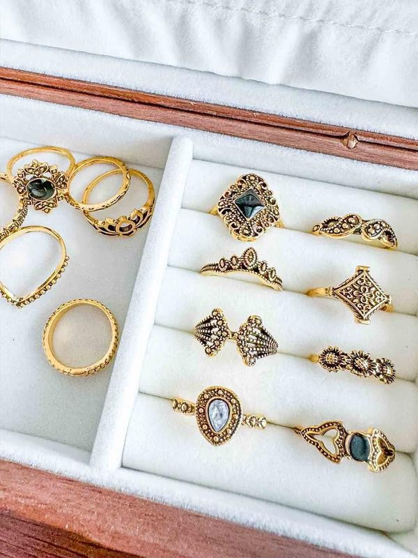 Vintage Carved Flower Stone Ring Set