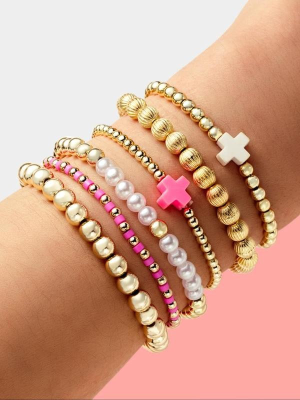 Beaded Cross & Faux Pearl Bracelet Set