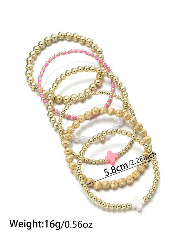Beaded Cross & Faux Pearl Bracelet Set