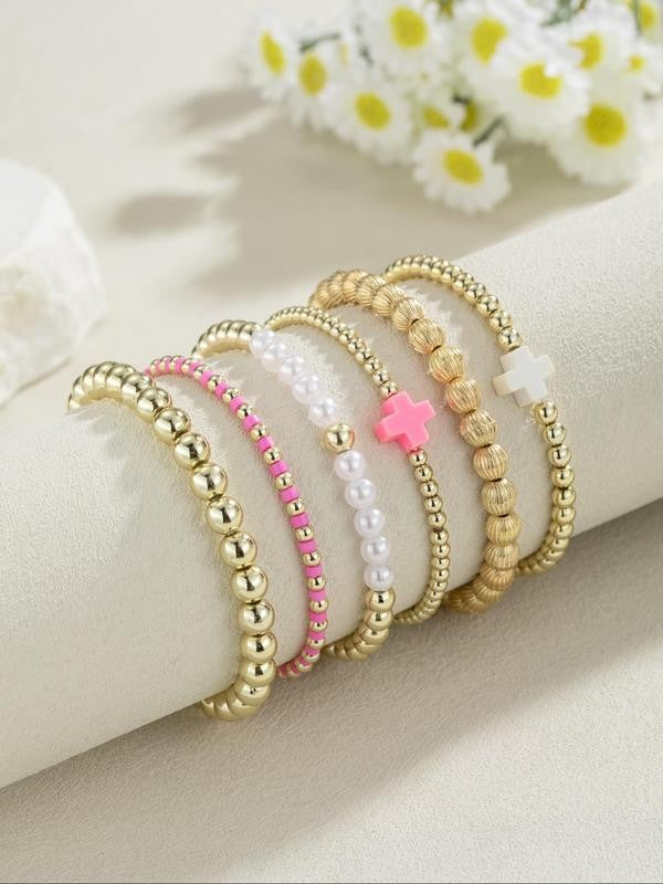 Beaded Cross & Faux Pearl Bracelet Set