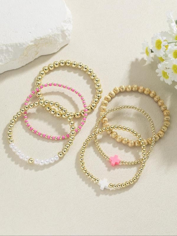 Beaded Cross & Faux Pearl Bracelet Set