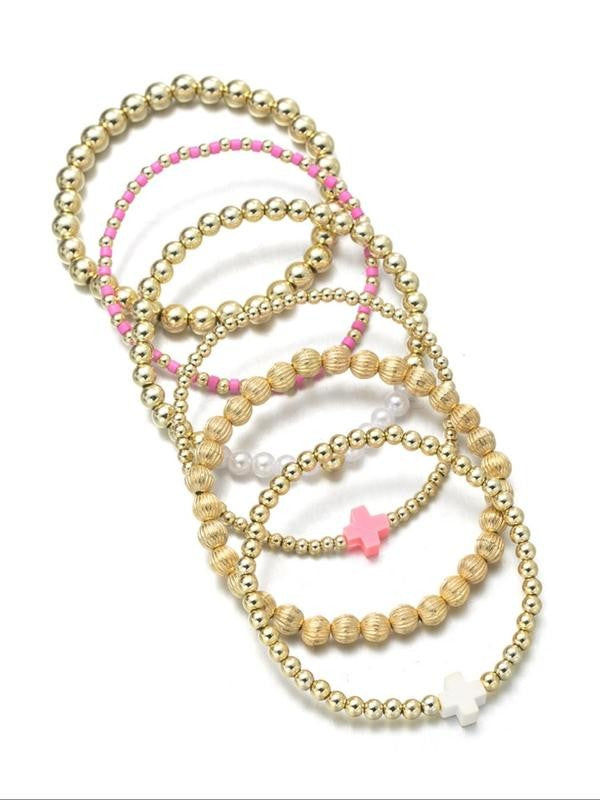 Beaded Cross & Faux Pearl Bracelet Set