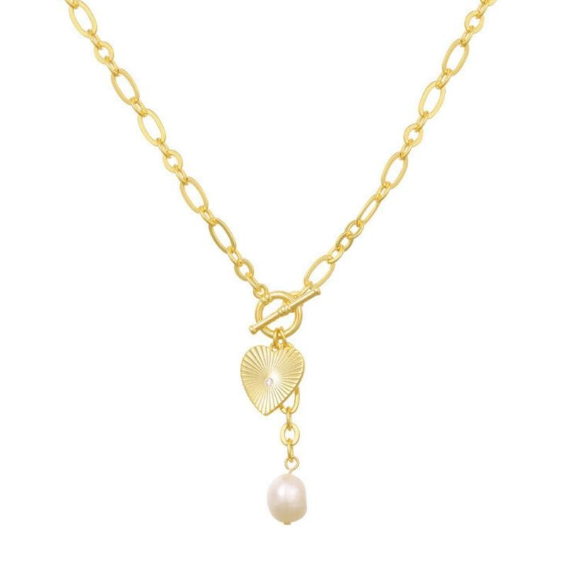 Layered Sunburst Heart Pearl Necklace