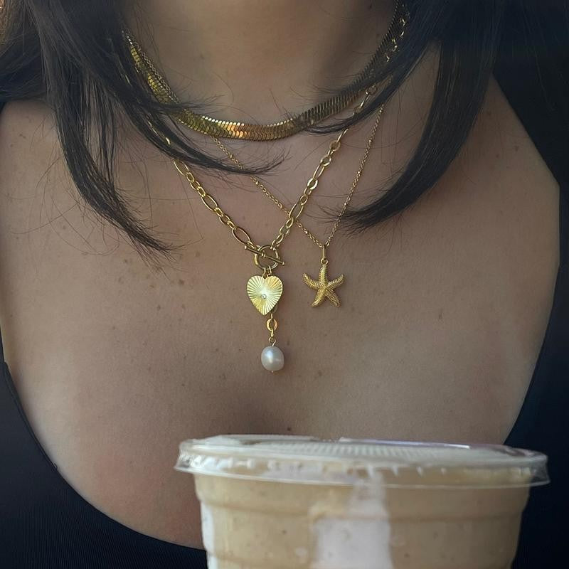 Layered Sunburst Heart Pearl Necklace