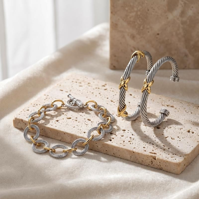 Adjustable Twisted Cable & Chain Bracelet Set