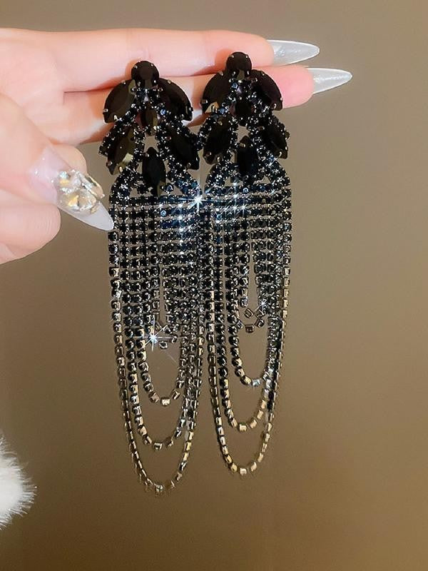 Long Tassel Crystal Drop Earrings