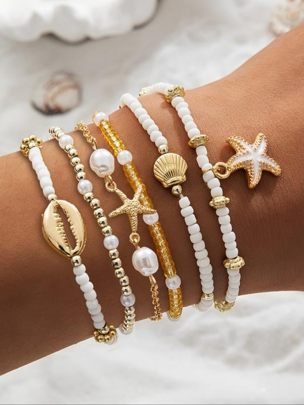 Layered Shell and Starfish Beaded Bracelet Set