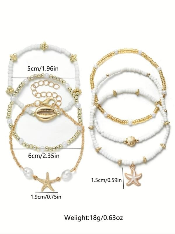 Layered Shell and Starfish Beaded Bracelet Set