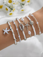Layered Shell and Starfish Beaded Bracelet Set