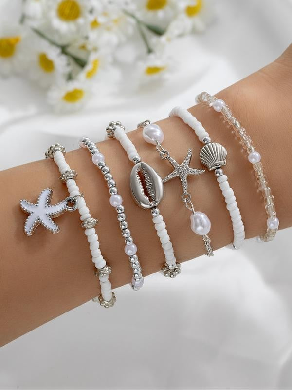 Layered Shell and Starfish Beaded Bracelet Set