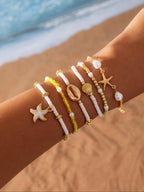 Layered Shell and Starfish Beaded Bracelet Set