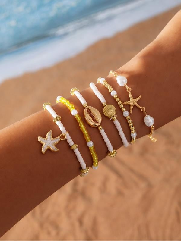 Layered Shell and Starfish Beaded Bracelet Set