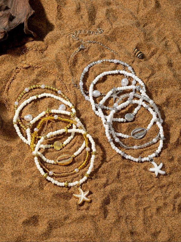 Layered Shell and Starfish Beaded Bracelet Set