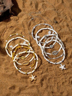 Layered Shell and Starfish Beaded Bracelet Set