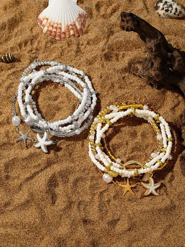 Layered Shell and Starfish Beaded Bracelet Set
