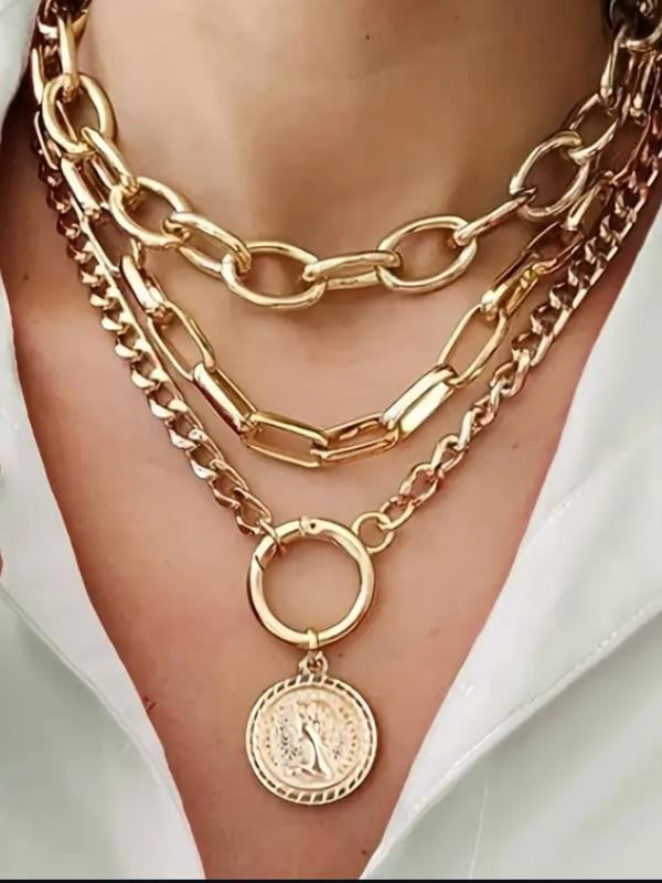 Layered Oval Link Coin Pendant Necklace