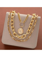Layered Oval Link Coin Pendant Necklace