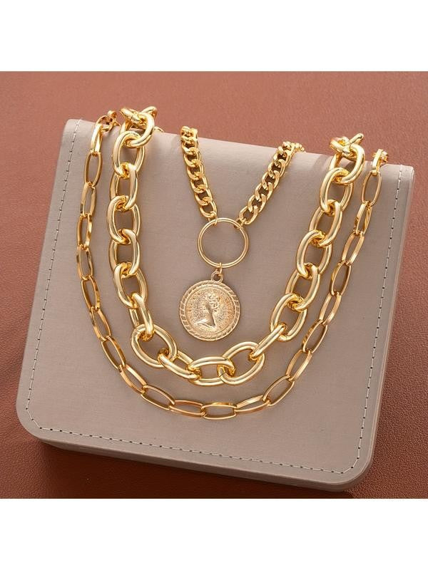 Layered Oval Link Coin Pendant Necklace