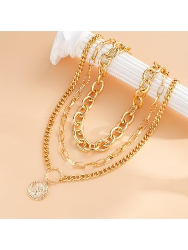 Layered Oval Link Coin Pendant Necklace