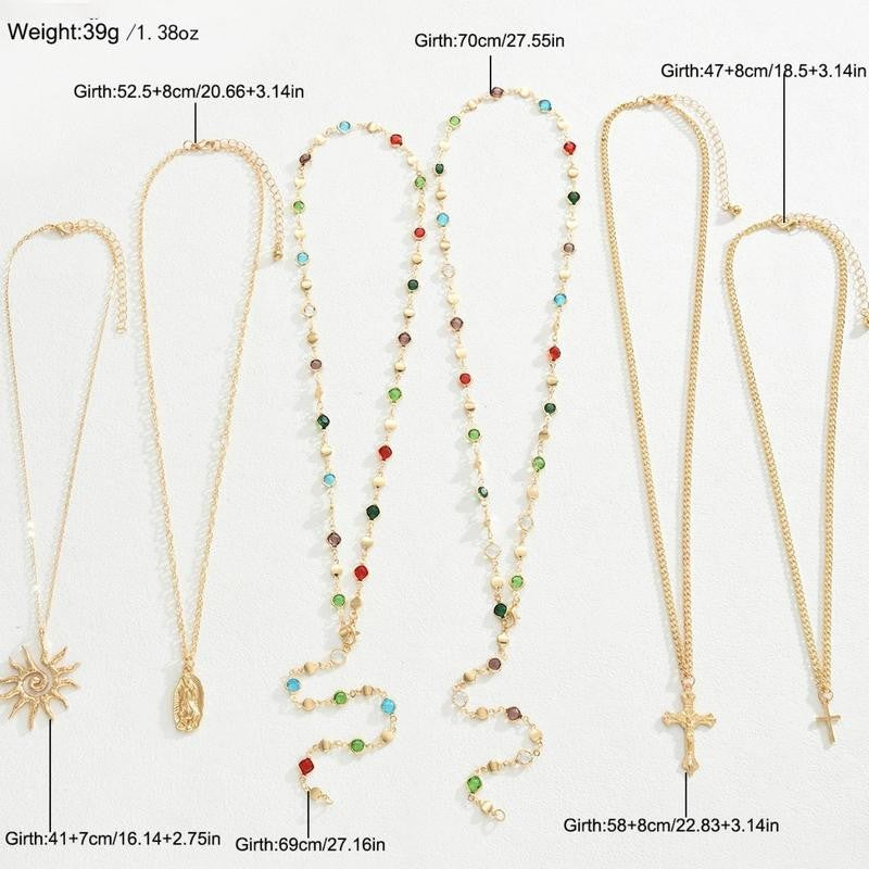 Layered Sun & Cross Pendant Necklace Set