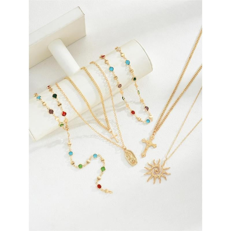 Layered Sun & Cross Pendant Necklace Set