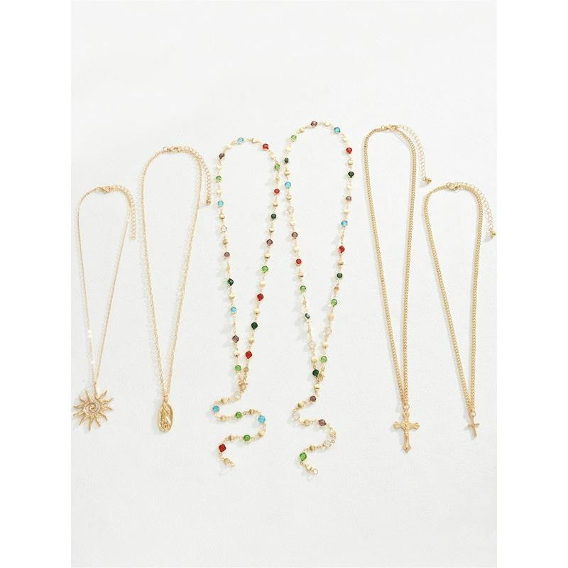 Layered Sun & Cross Pendant Necklace Set