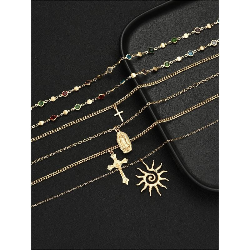 Layered Sun & Cross Pendant Necklace Set