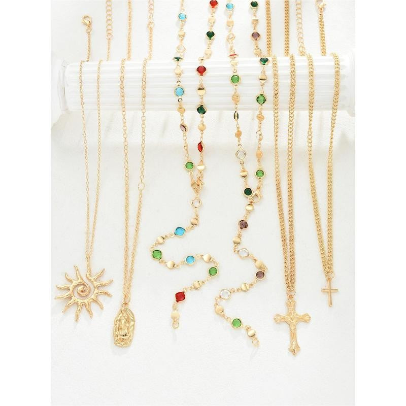 Layered Sun & Cross Pendant Necklace Set