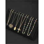 Layered Sun & Cross Pendant Necklace Set