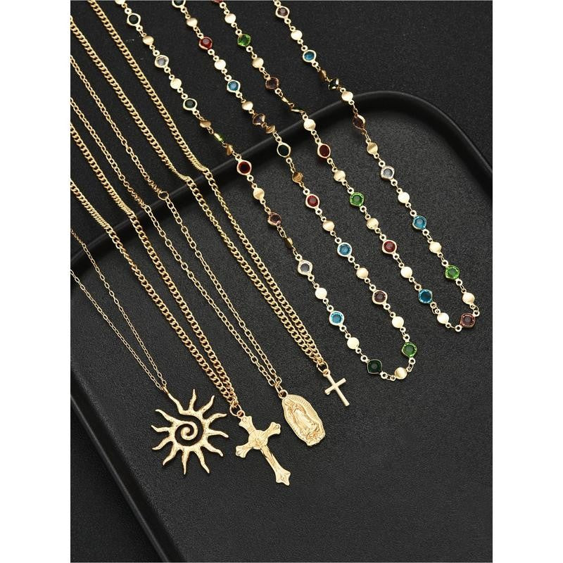 Layered Sun & Cross Pendant Necklace Set