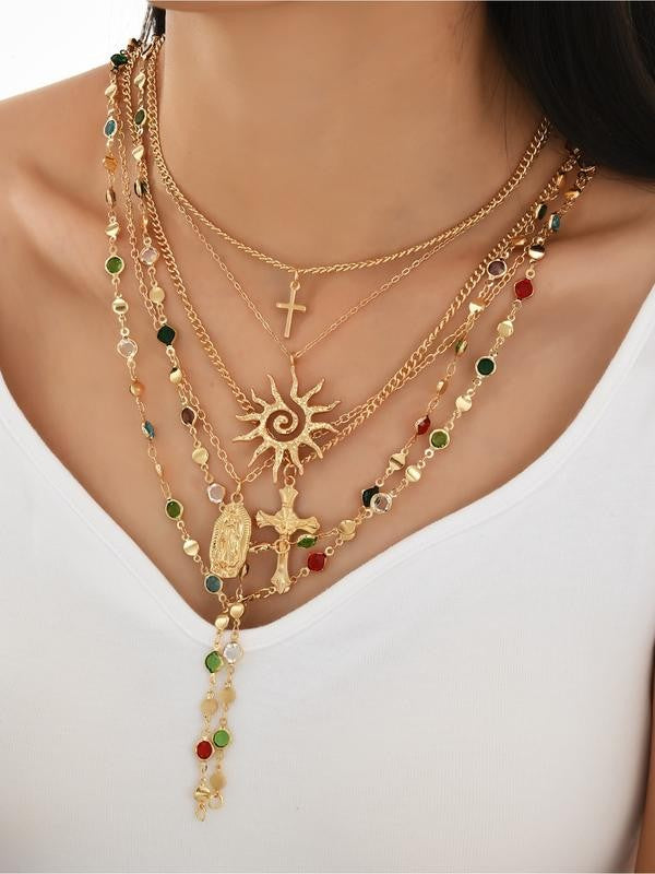 Layered Sun & Cross Pendant Necklace Set