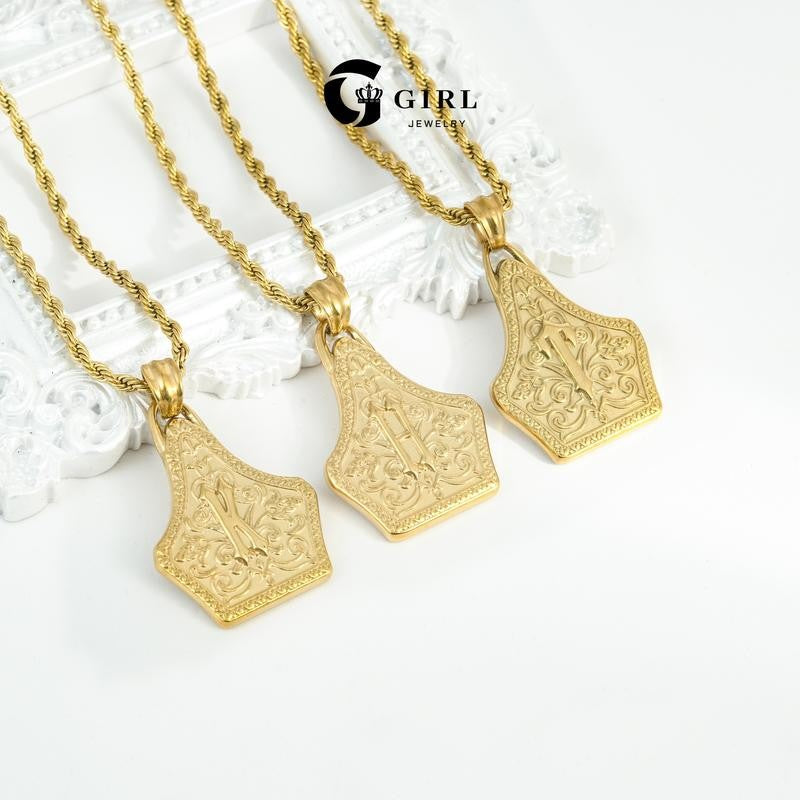 18k Engraved Western Shield Pendant Necklace
