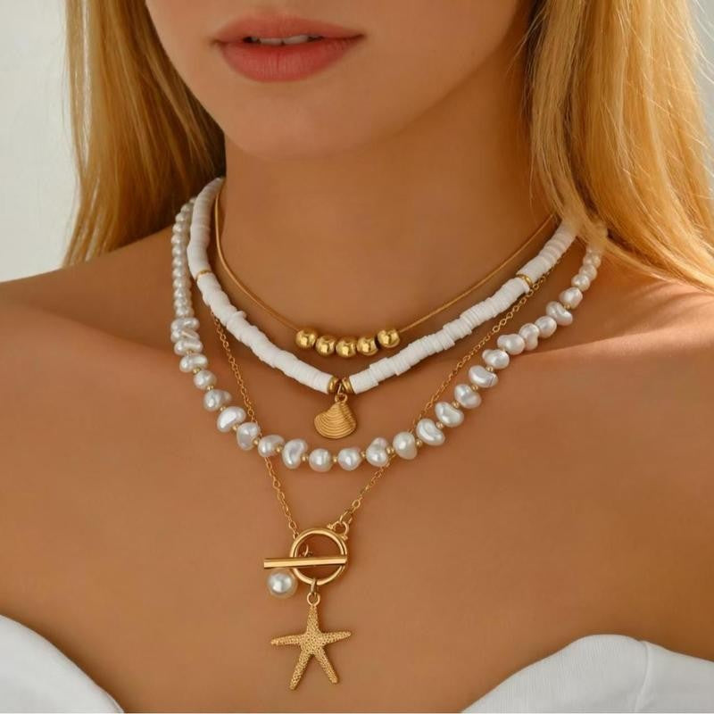 Layered Pearl Starfish Shell Necklace Set