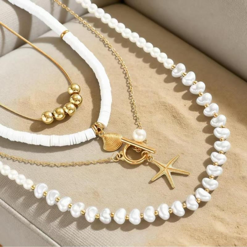 Layered Pearl Starfish Shell Necklace Set