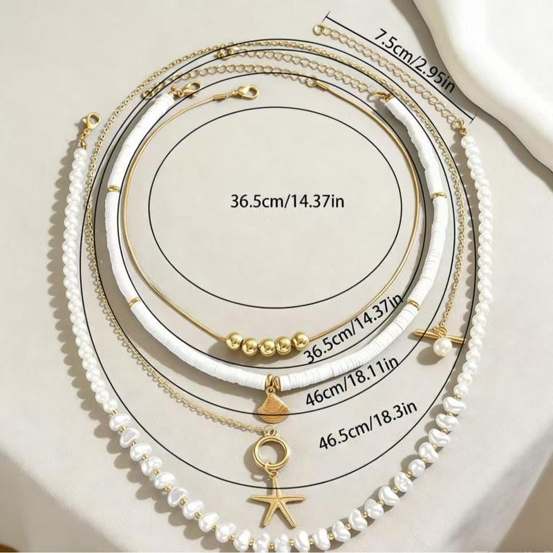 Layered Pearl Starfish Shell Necklace Set