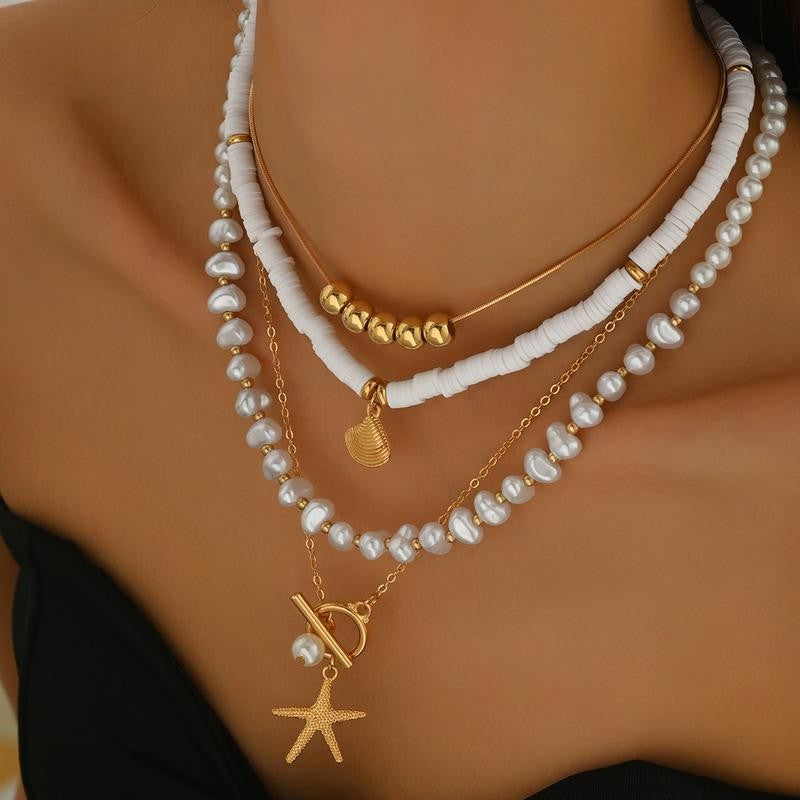 Layered Pearl Starfish Shell Necklace Set
