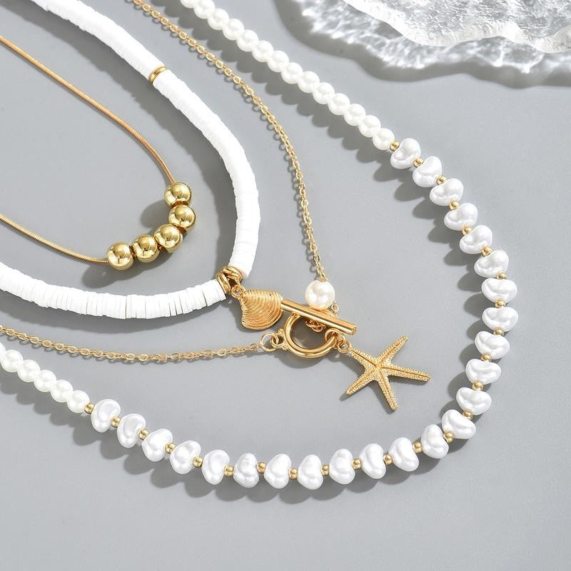 Layered Pearl Starfish Shell Necklace Set