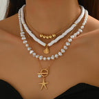 Layered Pearl Starfish Shell Necklace Set