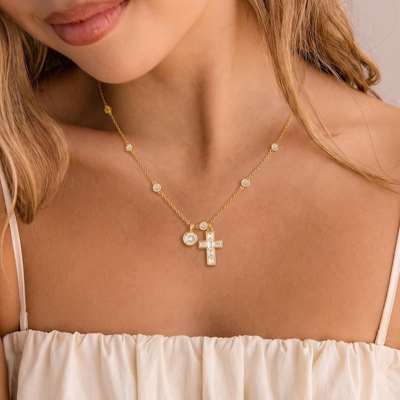 14k Cross & Round Stone Pendant Necklace