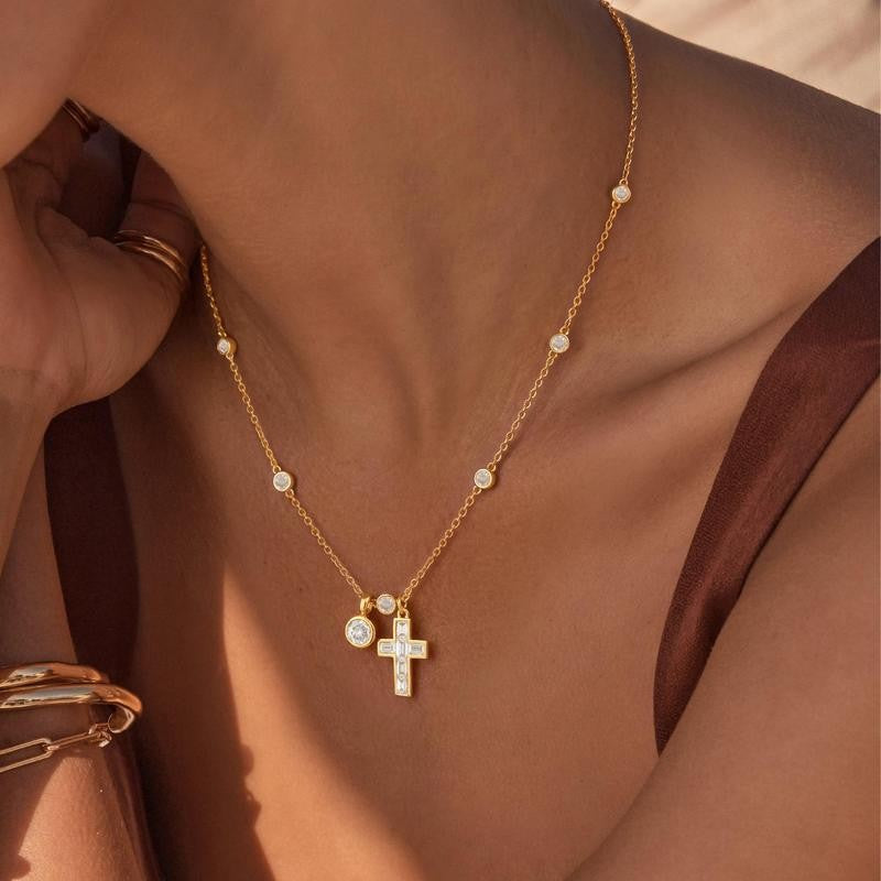 14k Cross & Round Stone Pendant Necklace