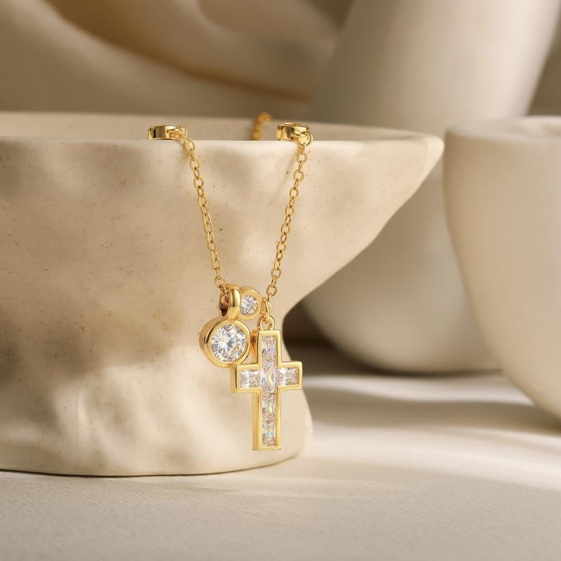 14k Cross & Round Stone Pendant Necklace