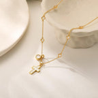 14k Cross & Round Stone Pendant Necklace