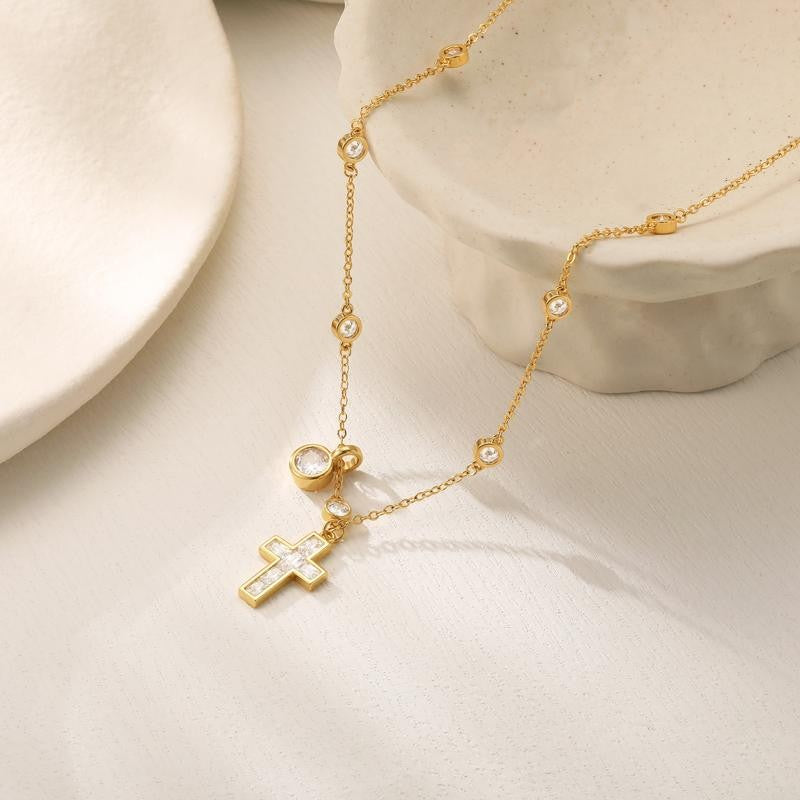 14k Cross & Round Stone Pendant Necklace