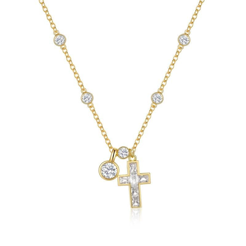14k Cross & Round Stone Pendant Necklace