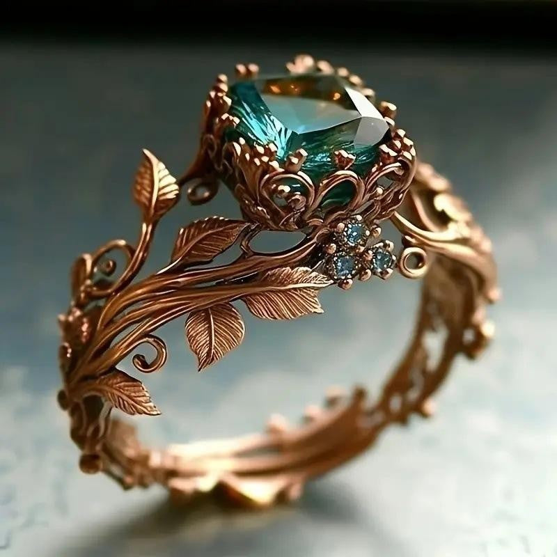 Ornate Vine Leaf Green Stone Ring