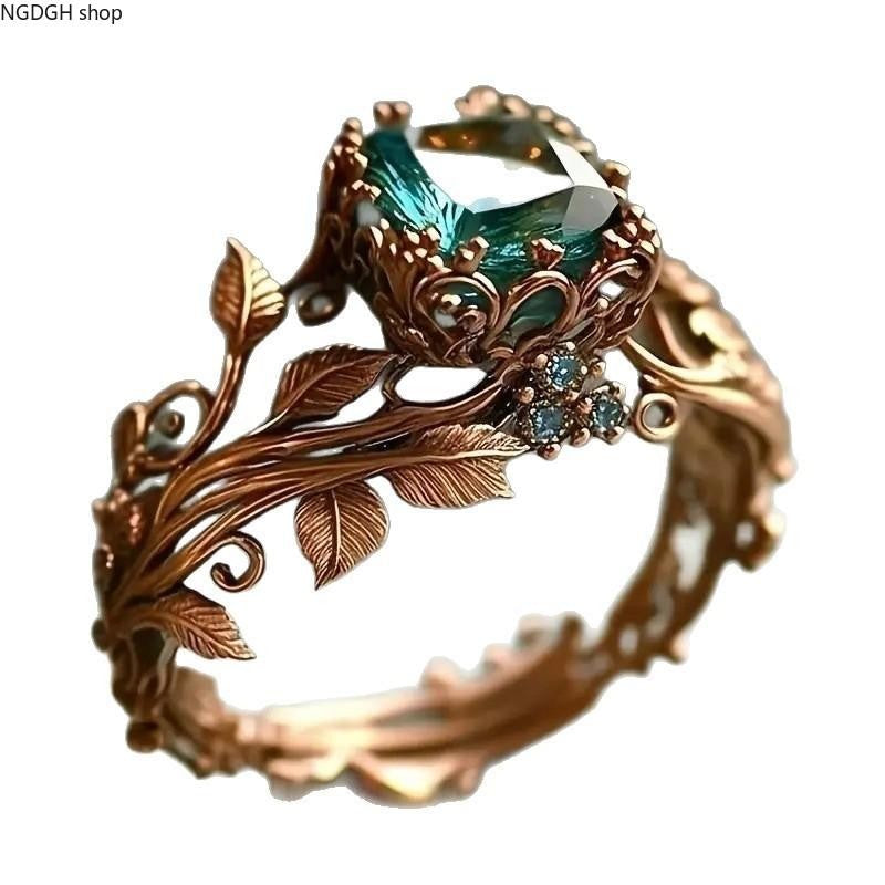 Ornate Vine Leaf Green Stone Ring